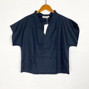 NEW Luxmii Emil Top Navy Blue V Neck Box Sleeves Linen  Size Large